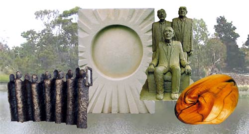 Collage featuring Herring Island and four sculptures